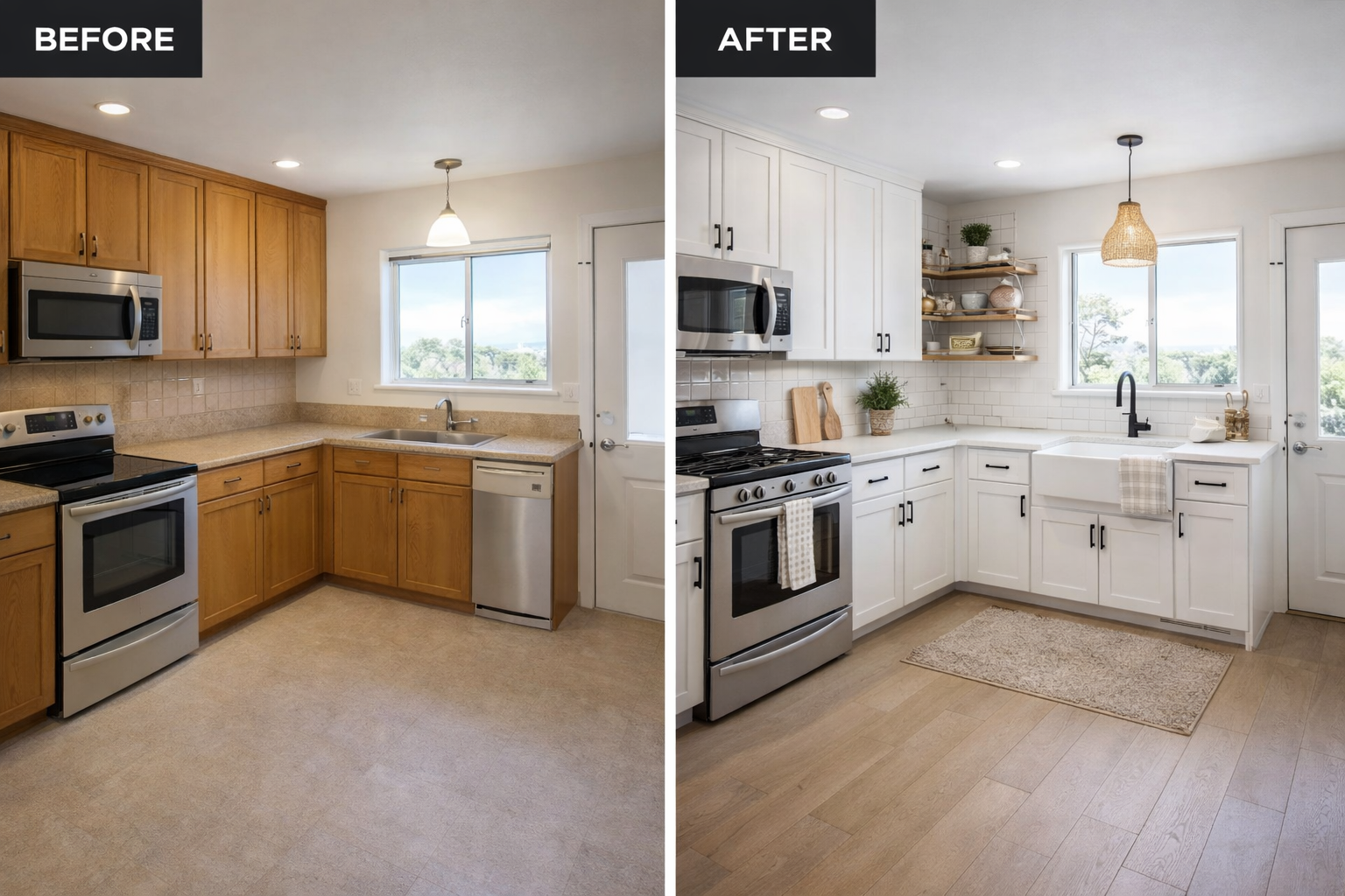 Builder-grade oak to warm white shaker