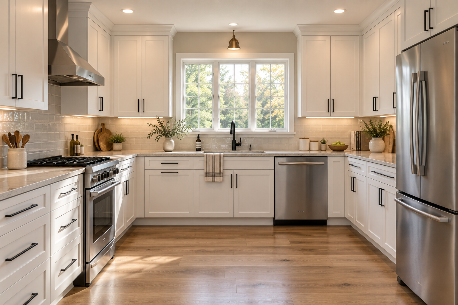 A bright white kitchen with precise cabinet alignment and clean lines