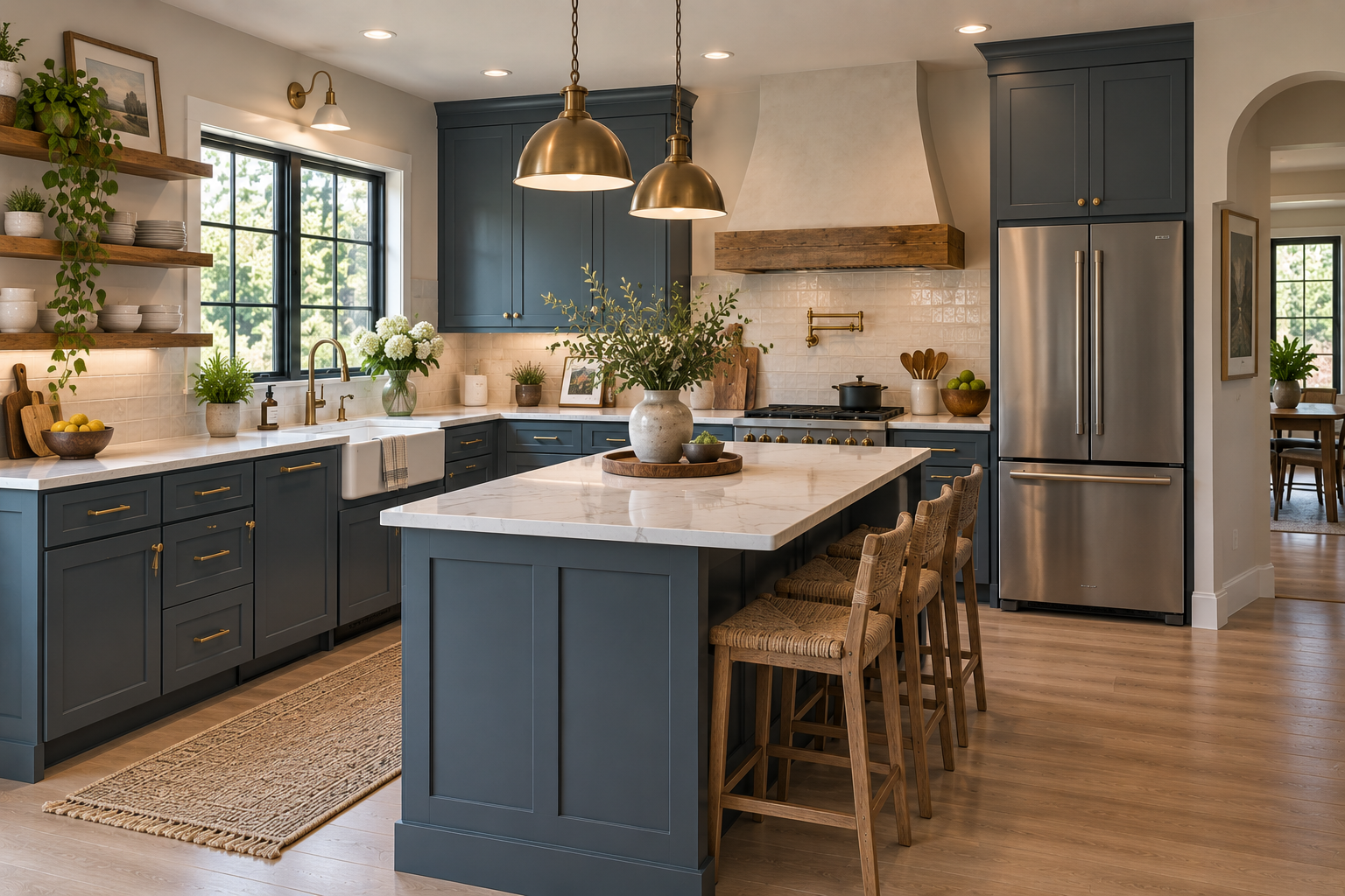 A bright, newly renovated kitchen with white shaker cabinetry