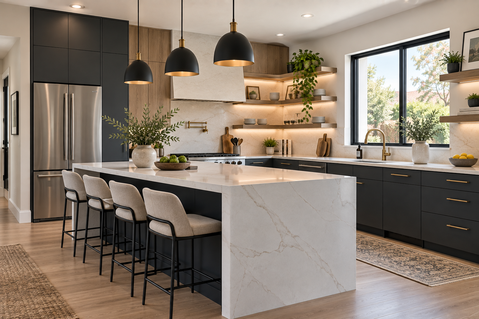 Modern kitchen with charcoal cabinets and a marble island